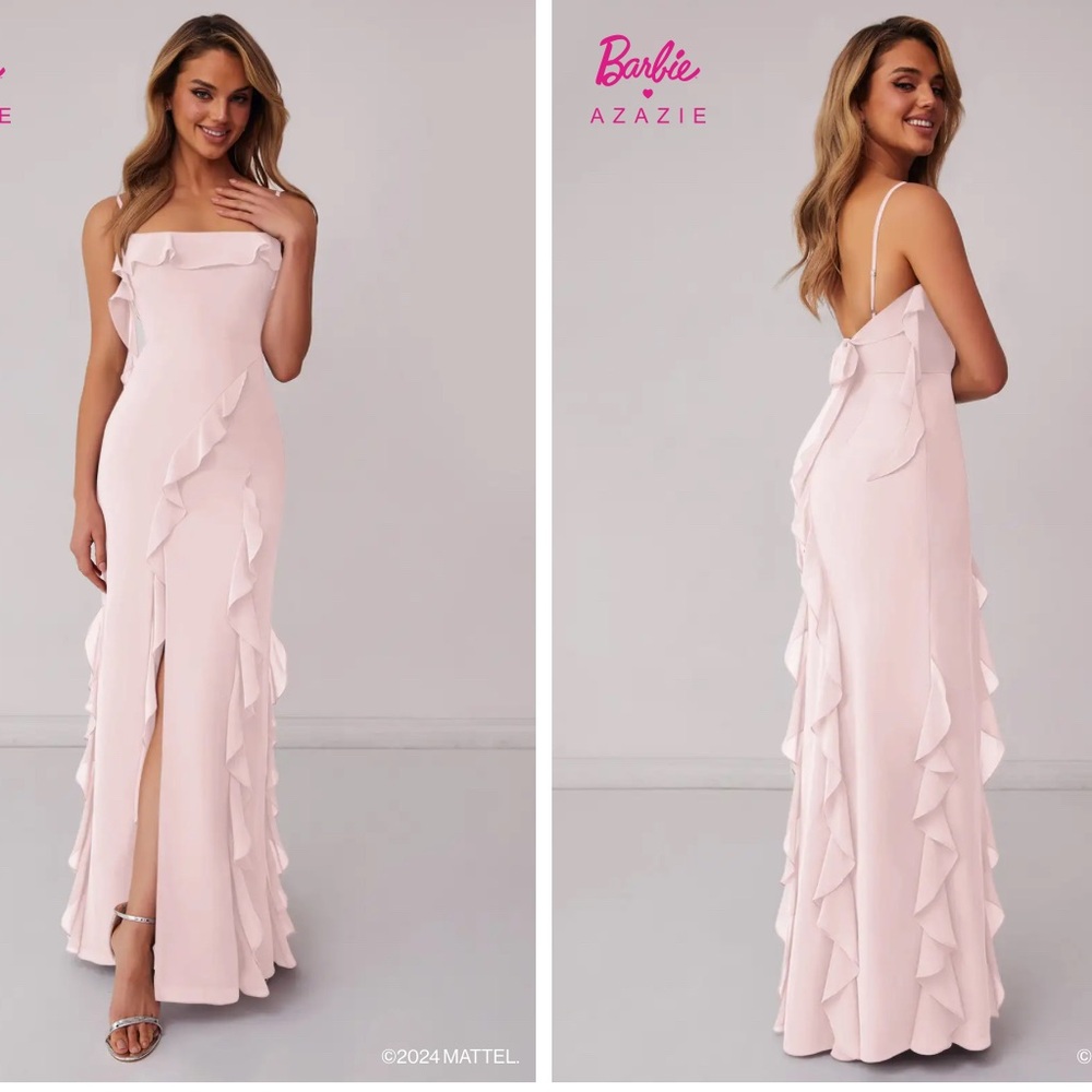 Chiffon Ruffle Column Dress with Leg Slit Blushing Pink